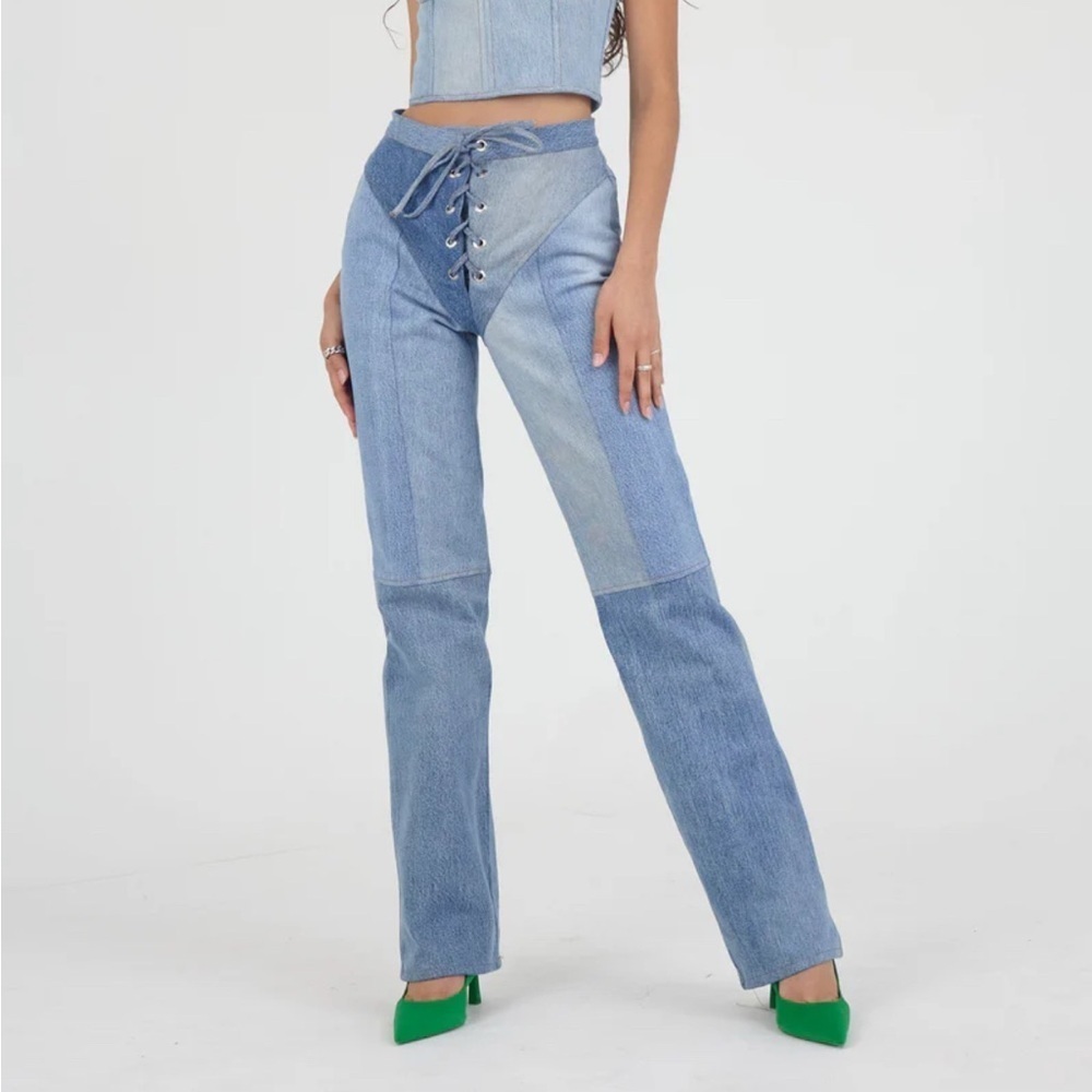 EB Denim‎ Lace-Up Colorblock Jeans Reclaimed Cotton Medium Wash Large NWT